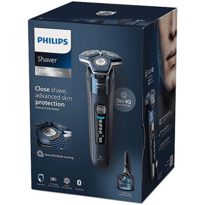Afeitadora - Philips S7000 S7885/55, Afeitadora eléctrica, Seco y mojado, Base de limpieza, Conexión app, Soporte de carga, Cortapatillas, Azul