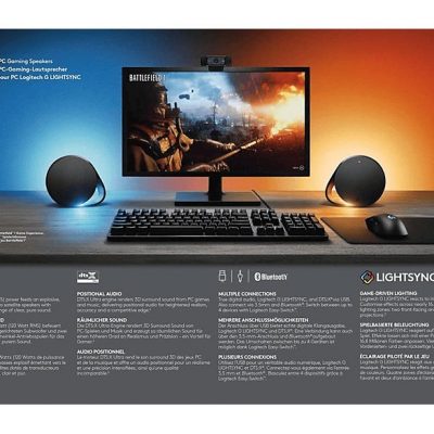 Altavoces gaming - Logitech G560, Bluetooth, RGB Lightsync, Sistema de altavoces 2.1, 240V, Control de graves, Personalizable, Negro