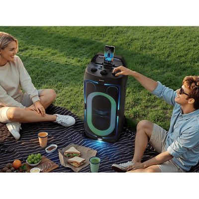 Altavoz de gran potencia - Samsung MX-ST40F/ZF, Portátil para fiestas, Asa de transporte y ruedas, Iluminación personalizable, Aut 12h, 160 W, Negro