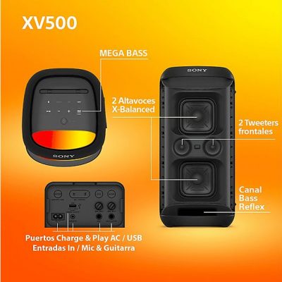 Altavoz de gran potencia - Sony SRS-XV500B, Inalámbrico para fiestas, Sonido potente, MEGA BASS, 25h batería, Portátil, Bluetooth, Karaoke y Guitarra