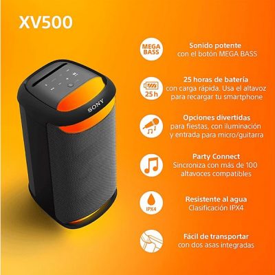 Altavoz de gran potencia - Sony SRS-XV500B, Inalámbrico para fiestas, Sonido potente, MEGA BASS, 25h batería, Portátil, Bluetooth, Karaoke y Guitarra