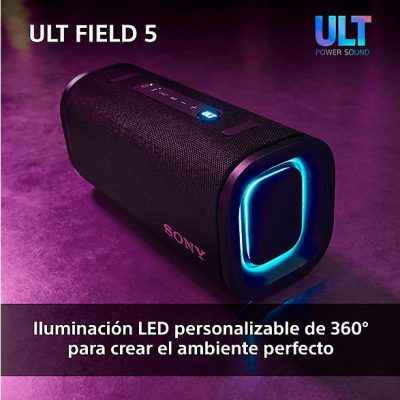 Altavoz inalámbrico - Sony ULT FIELD 5 (SRSULT50B), Bluetooth portátil, ULT POWER SOUND, 25 h, IP67, Resistente al agua, Correa, Con luces, Negro