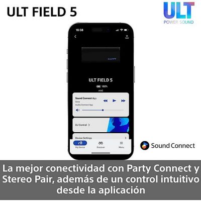 Altavoz inalámbrico - Sony ULT FIELD 5 (SRSULT50W), Bluetooth portátil, ULT POWER SOUND, 25 h, IP67, Resistente al agua, Correa, Con luces, Blanco