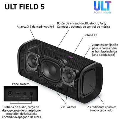 Altavoz inalámbrico - Sony ULT FIELD 5 (SRSULT50W), Bluetooth portátil, ULT POWER SOUND, 25 h, IP67, Resistente al agua, Correa, Con luces, Blanco
