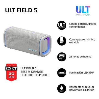 Altavoz inalámbrico - Sony ULT FIELD 5 (SRSULT50W), Bluetooth portátil, ULT POWER SOUND, 25 h, IP67, Resistente al agua, Correa, Con luces, Blanco