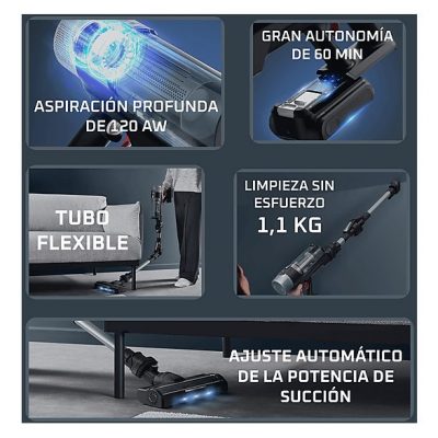 Aspirador escoba - Rowenta X-Force Flex 10.80, Potencia succión 120 AW, 300 W, 60 min autonomía, Cepillo multisuperficie, Limpieza inteligente, Verde