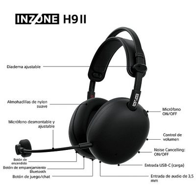Auriculares gaming - Sony INZONE H9 II, Inalámbricos, Noise Cancelling, Fnatic, Micrófono, IA, 30h, Bluetooth/LE/2,4 GHz, Ligeros, PC, WHG910N, Negro