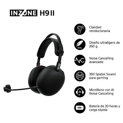 Auriculares gaming - Sony INZONE H9 II, Inalámbricos, Noise Cancelling, Fnatic, Micrófono, IA, 30h, Bluetooth/LE/2,4 GHz, Ligeros, PC, WHG910N, Negro