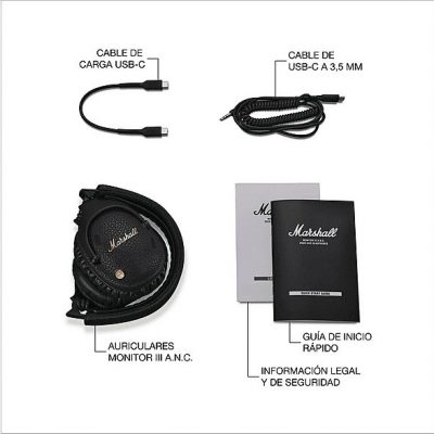 Auriculares inalámbricos - Marshall Monitor III A.N.C., Circumaurales, Bluetooth 5.3, Cancelación de ruido, 100h Autonomía, Plegables, Negro