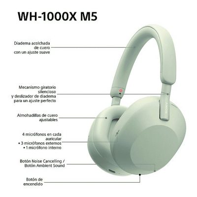 Auriculares inalámbricos - Sony WH-1000XM5S, Cancelación ruido (Noise Cancelling), 30h, Hi-Res, Carga Rápida, Con Asistente, Bluetooth, Diadema, Plata