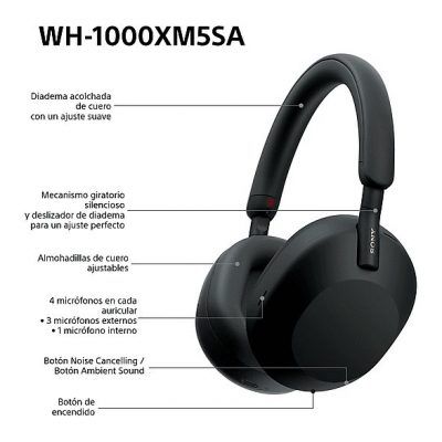 Auriculares inalámbricos - Sony WH-1000XM5SA, Estuche blando, Cancelación ruido , 30h, Hi-Res, Carga Rápida, Bluetooth, Diadema, iOS/Android, Negro
