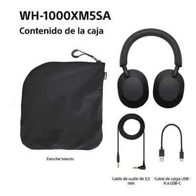 Auriculares inalámbricos - Sony WH-1000XM5SA, Estuche blando, Cancelación ruido , 30h, Hi-Res, Carga Rápida, Bluetooth, Diadema, iOS/Android, Negro