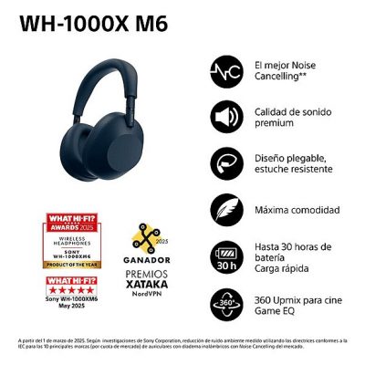 Auriculares inalámbricos - Sony WH-1000XM6, Cancelación ruido, 30h Autonomía, Hi-Res, Carga Rápida, Cómodo, Plegable, iOS/Android, Azul