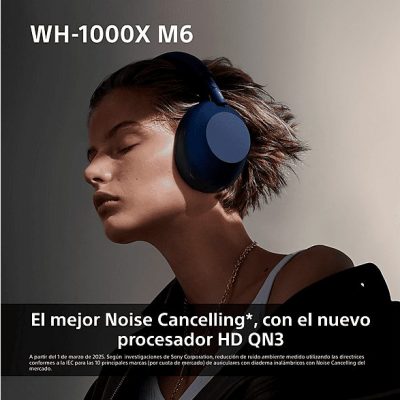 Auriculares inalámbricos - Sony WH-1000XM6, Cancelación ruido, 30h Autonomía, Hi-Res, Carga Rápida, Cómodo, Plegable, iOS/Android, Azul