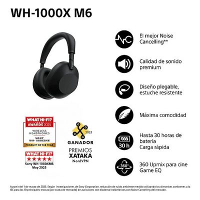Auriculares inalámbricos - Sony WH-1000XM6, Cancelación ruido, 30h Autonomía, Hi-Res, Carga Rápida, Cómodo, Plegable, iOS/Android, Negro