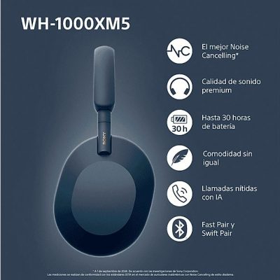 Auriculares inalámbricos - Sony WH1000XM5L, Cancelación ruido (Noise Cancelling), 30h, Hi-Res, Carga Rápida, Con Asistente, Bluetooth, Diadema, Azul