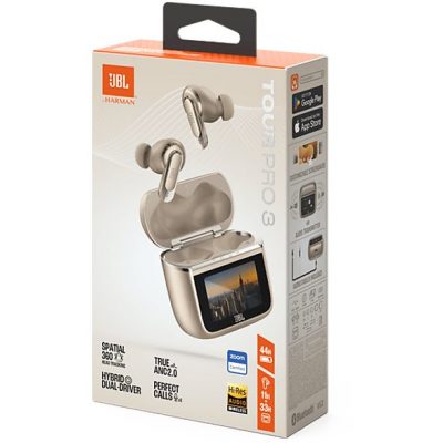 Auriculares True Wireless - JBL Tour Pro 3, Sonido espacial 360, Cancelación de ruido adaptativa, 40 h, Estuche con pantalla, asistente de voz, Latte
