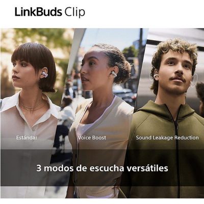 Auriculares True Wireless - Sony LinkBuds Clip, Estilo abierto, 3 modos de escucha, IPX4, Llamadas nítidas, 37 horas, IA, Táctil, iOS/Android, Beige