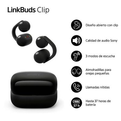 Auriculares True Wireless - Sony LinkBuds Clip, Estilo abierto, 3 modos de escucha, IPX4, Llamadas nítidas, 37 horas, IA, Táctil, iOS/Android, Negro
