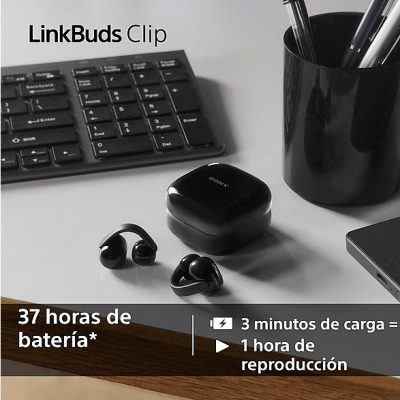 Auriculares True Wireless - Sony LinkBuds Clip, Estilo abierto, 3 modos de escucha, IPX4, Llamadas nítidas, 37 horas, IA, Táctil, iOS/Android, Negro