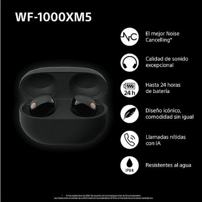 Auriculares True Wireless - Sony WF1000XM5B, Cancelación de ruido (Noise Cancelling), Hi-Res, Google assistant, Alexa, Siri, 24 horas, IPX4, Negro