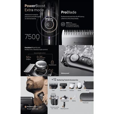 Barbero - Braun Series 9 BT9560, 12 Accesorios para barba, 52 ajustes de longitud, Bloqueo de precisión, Lámina ProBlade, PowerBoost, Wet&Dry, Cromo