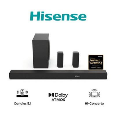 Barra de sonido - Hisense AX5100Q, Bluetooth, Subwoofer Inalámbrico, 580 W, Hi- Concerto, HDMI eARC, Dolby Atmos, Negro