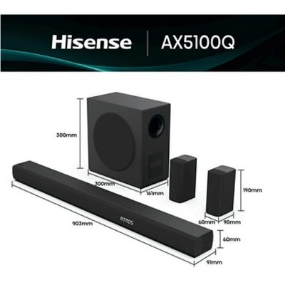 Barra de sonido - Hisense AX5100Q, Bluetooth, Subwoofer Inalámbrico, 580 W, Hi- Concerto, HDMI eARC, Dolby Atmos, Negro
