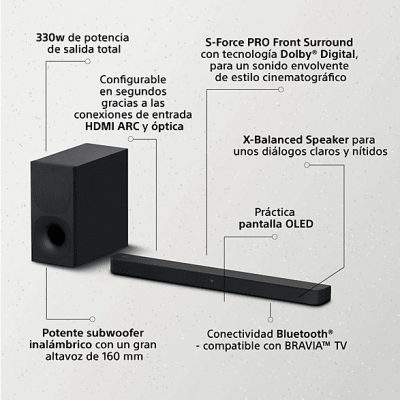Barra de sonido - Sony HT-S400, Bluetooth, Subwoofer inalámbrico, 330 W, S-Force PRO Surround, Negro