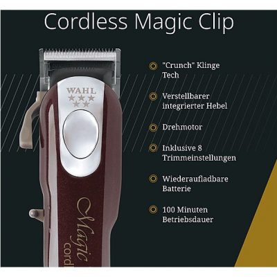 Cortapelos - WAHL MAGIC CLIP CORDLESS, 100 Min., 1½ mm, 3 mm, 4½ mm, 6mm, 10 mm,13 mm, 19 mm, 25 mm. niveles, Rojo