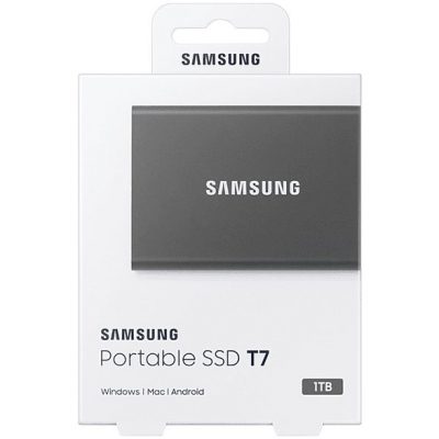 Disco duro externo 1 TB - Samsung T7 MU-PC1T0T/WW, SSD, Hasta 1050 MB/s, USB 3.2 Gen.2 (10Gbps), Gris