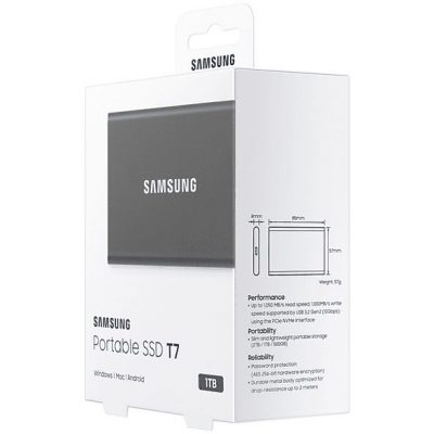 Disco duro externo 1 TB - Samsung T7 MU-PC1T0T/WW, SSD, Hasta 1050 MB/s, USB 3.2 Gen.2 (10Gbps), Gris